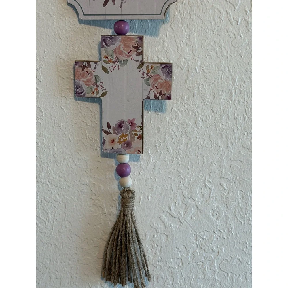 Special Moments Floral Pray Cross Wall Decor Lavender Pink Wood Bead Tassel 23in